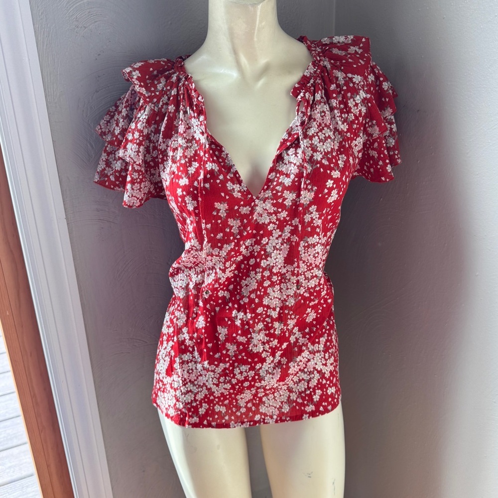Sundays red floral short sleeve blouse size small nwt